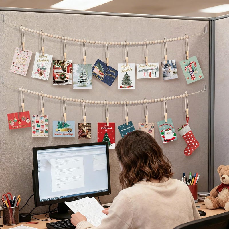 CollectHall Office Cubicle Hanging Photo Display with Clips, 9 Wood Clips,2 Cubicle Clips for Fabric Wall, Photo Hanger for Boho Office Cubicle Decor, Boho Desk Decor - Image 5